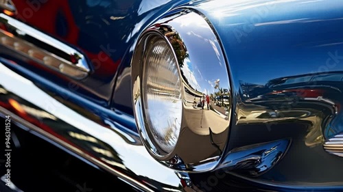 Vintage car gleaming in sunlight, reflecting visitors at car show, evoking nostalgia and luxury, symbolizing american culture and lifestyle