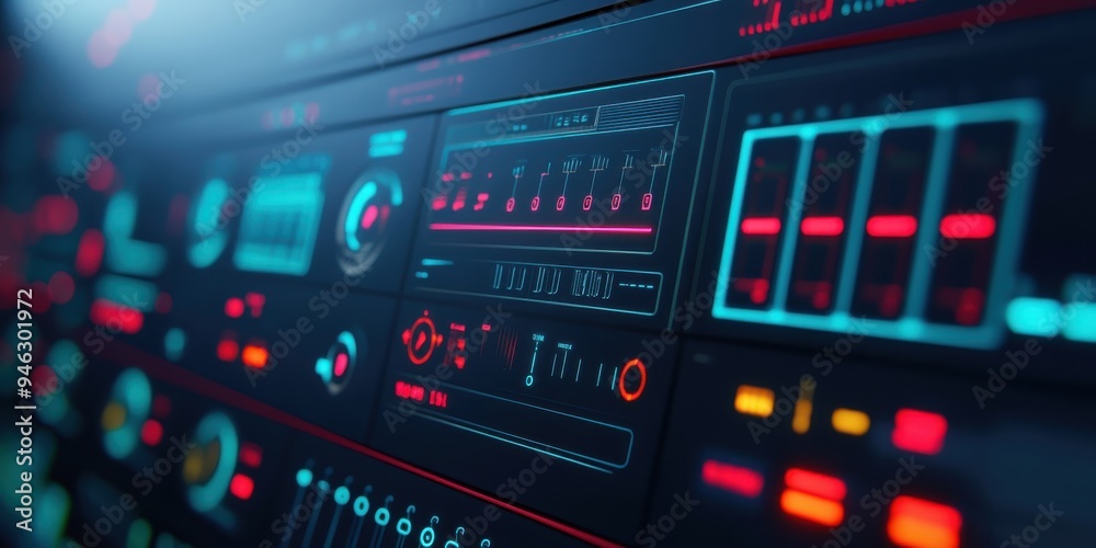 Futuristic dashboard displaying colorful lights and controls, ideal for technology, science fiction, or digital themes. Futuristic dashboard displaying colorful lights and controls, ideal for technology, science fiction, or digital themes.