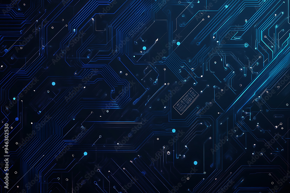 Abstract representation of a circuit board with glowing neon lines and geometric patterns against a dark background. The image evokes a high-tech, futuristic feel with ample copy space Abstract representation of a circuit board with glowing neon lines and geometric patterns against a dark background. The image evokes a high-tech, futuristic feel with ample copy space