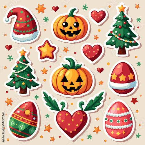 a set of seasonal stickers for different holidays like Christmas, Halloween, Valentine's Day, and Easter. Include iconic symbols like Christmas trees, jack-o'-lanterns, hearts, and Easter eggs vector 