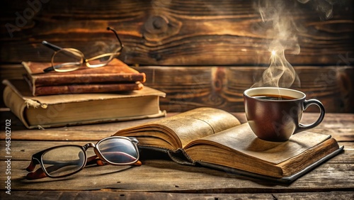 A worn, leather-bound classic novel lies open on a rustic wooden desk, surrounded by scattered pages, reading glasses, and a steaming cup of coffee. photo