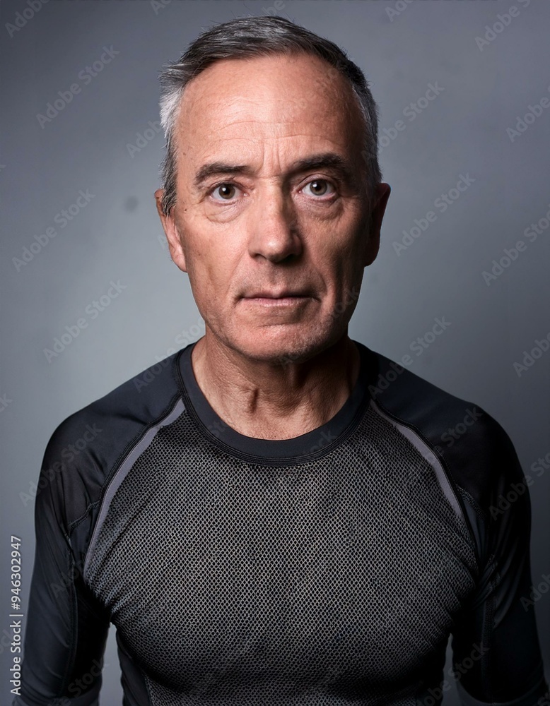 Close-up portrait of a mature man between 50 and 60 years old, masculine, with tanned skin, wearing sportswear, serious, thoughtful. Close-up portrait of a mature man between 50 and 60 years old, masculine, with tanned skin, wearing sportswear, serious, thoughtful.