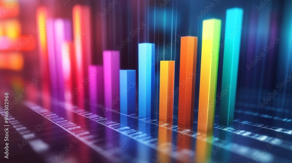 A dynamic 3D bar graph with colorful bars extending upward, set against a sleek digital background, showcasing business growth and performance. A dynamic 3D bar graph with colorful bars extending upward, set against a sleek digital background, showcasing business growth and performance.