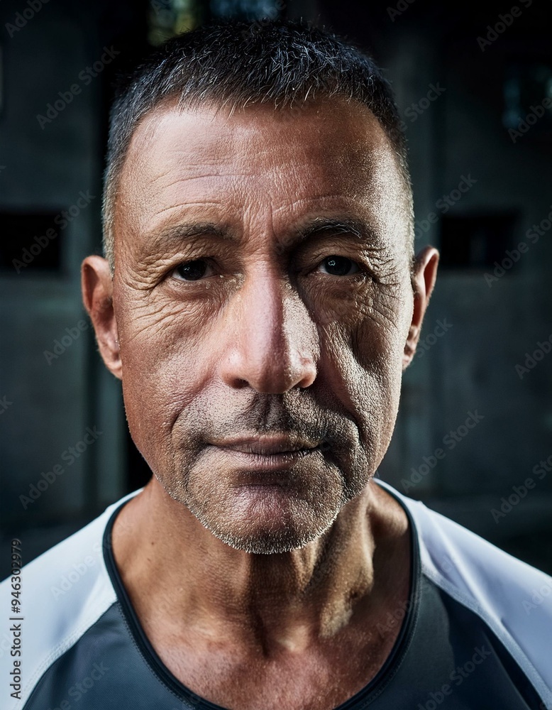 Fototapeta premium Close-up portrait of a mature man between 50 and 60 years old, masculine, with tanned skin, wearing sportswear, serious, thoughtful.