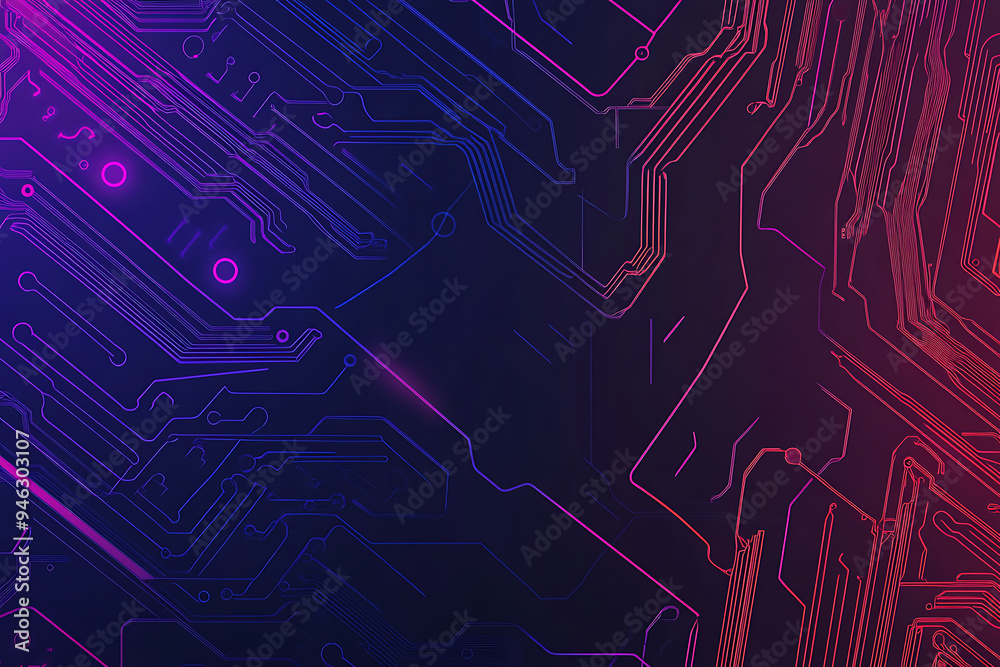 Abstract representation of a circuit board with glowing neon lines and geometric patterns against a dark background. The image evokes a high-tech, futuristic feel with ample copy space Abstract representation of a circuit board with glowing neon lines and geometric patterns against a dark background. The image evokes a high-tech, futuristic feel with ample copy space
