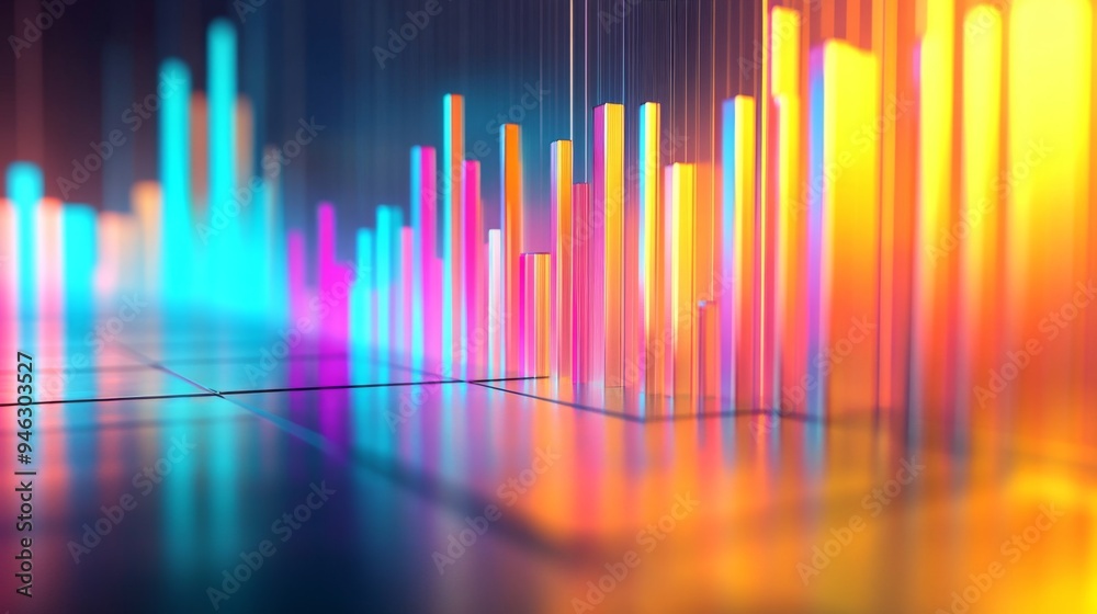 A dynamic 3D bar graph with shadow effects and perspective, illustrating market trends with multiple data points in vibrant colors against a minimal background. A dynamic 3D bar graph with shadow effects and perspective, illustrating market trends with multiple data points in vibrant colors against a minimal background.