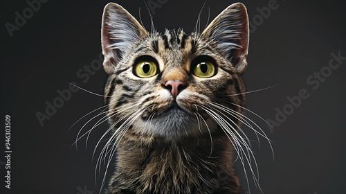 A close-up portrait of a tabby cat with striking green eyes against a dark background.