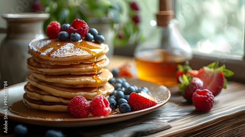 Golden Stack of Pancakes with Fresh Berries and Maple Syrup