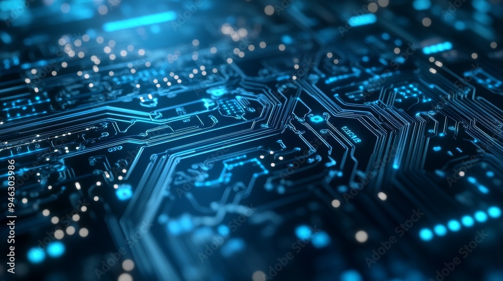 Abstract Futuristic Circuit Board with Blue Lights