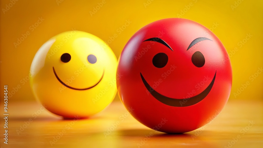 Bright yellow smiley face with a red angry face silhouette in the background, conveying conflicting happy and mad emotional states. Bright yellow smiley face with a red angry face silhouette in the background, conveying conflicting happy and mad emotional states.