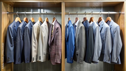 Business attire hangs neatly on a row of hooks in a company's locker room, showcasing a variety of professional outfits for workplace environments.