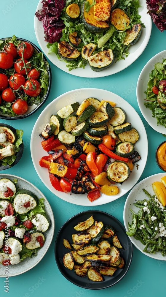 An inviting display includes a variety of fresh salads and grilled vegetable dishes presented attractively on a turquoise surface An inviting display includes a variety of fresh salads and grilled vegetable dishes presented attractively on a turquoise surface