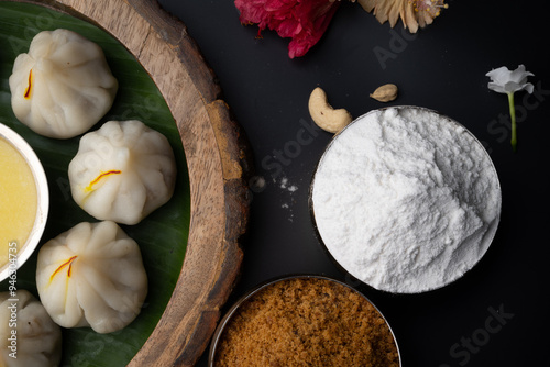 Steamed Modak, white modak, ukdiche modak made from rice flour and coconut jaggery filling. Modak is a traditional Indian sweet made during Ganesh Utsav