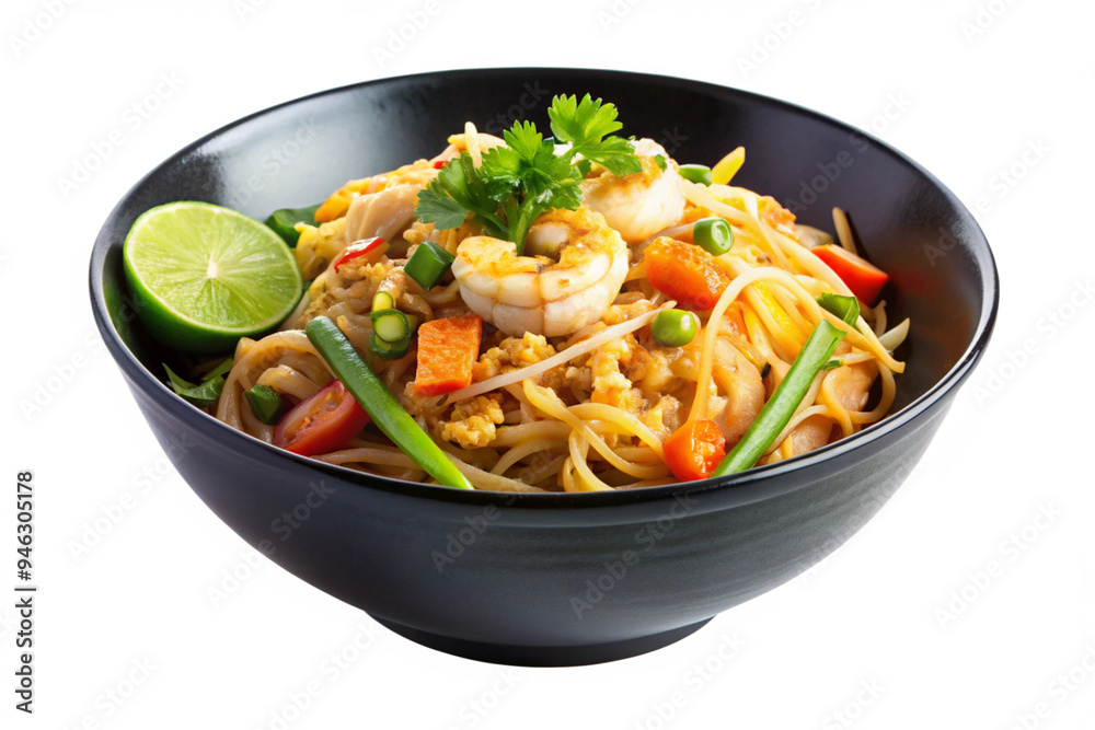 Traditional Pad Thai Dish in Black Bowl Image with Transparent Background Traditional Pad Thai Dish in Black Bowl Image with Transparent Background