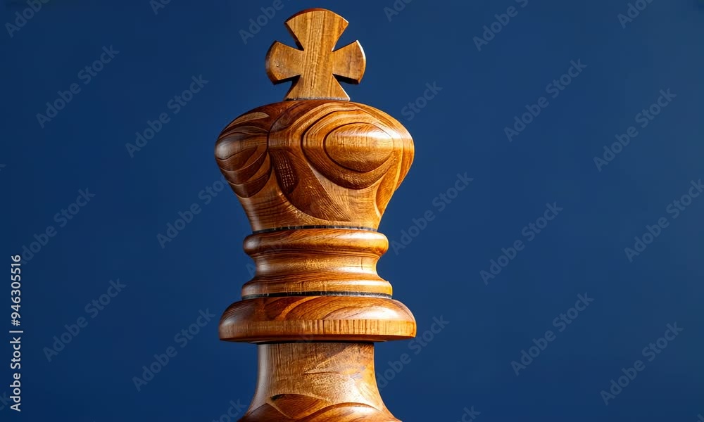 A carved wooden king chess piece against a blue background A carved wooden king chess piece against a blue background