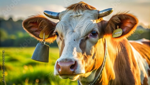 Close-up of a shiny metal ear tag with a numeric ID code attached to a cow's ear, against a blurred rural background with green grass. photo