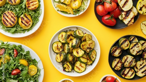 Wallpaper Mural A variety of grilled vegetable dishes, including zucchini and tomatoes, displayed on a bright yellow surface, emphasizing fresh summer flavors Torontodigital.ca