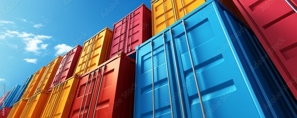 Fototapeta premium Stack of colorful shipping containers against a blue sky.