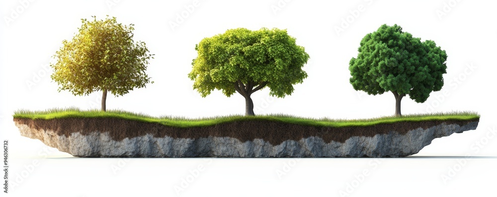 Fototapeta premium Three trees stand on a floating island, symbolizing growth and nature.