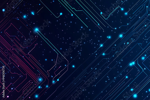 Wallpaper Mural  Abstract representation of a circuit board with glowing neon lines and geometric patterns against a dark background. The image evokes a high-tech, futuristic feel with ample copy space Torontodigital.ca