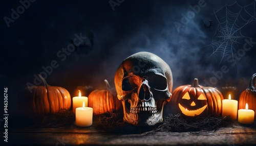 Calavera espeluznante con calabazas y velas, motivo de Halloween  photo