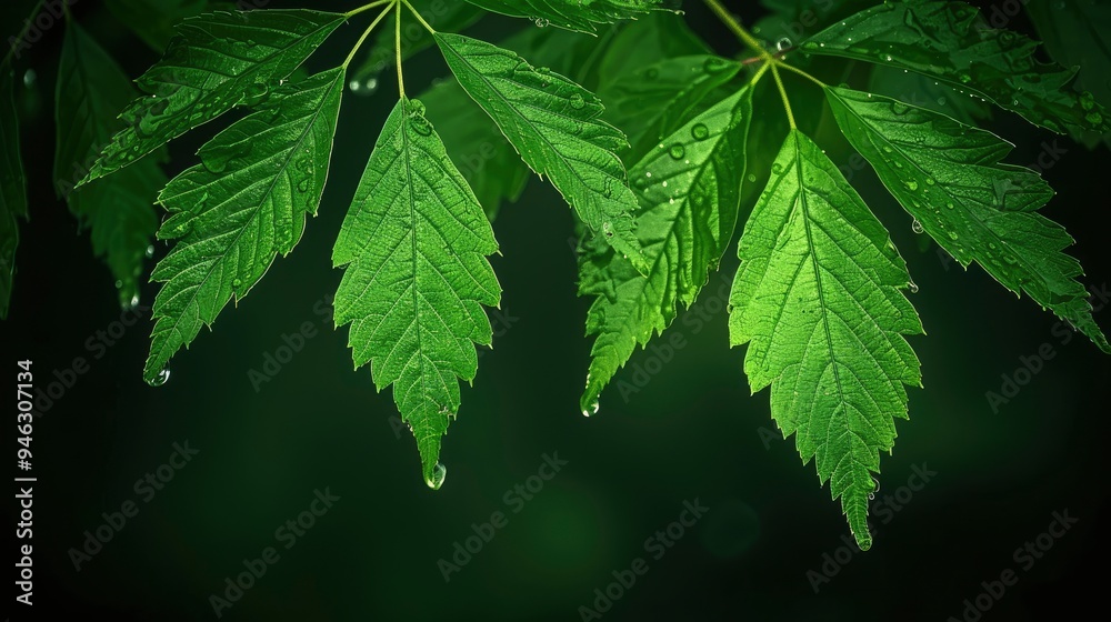 Fresh Green Leaves with Dew Drops Fresh Green Leaves with Dew Drops
