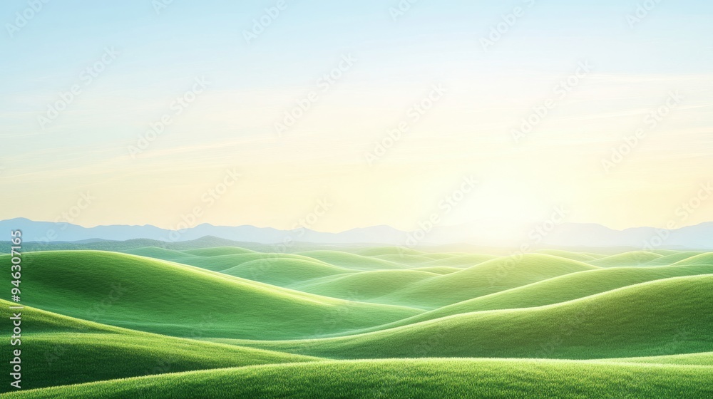 Rolling Green Hills Landscape with Sunset Sky Rolling Green Hills Landscape with Sunset Sky