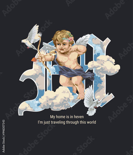 boy angel and white pigeon on m letter vector illustration on black background