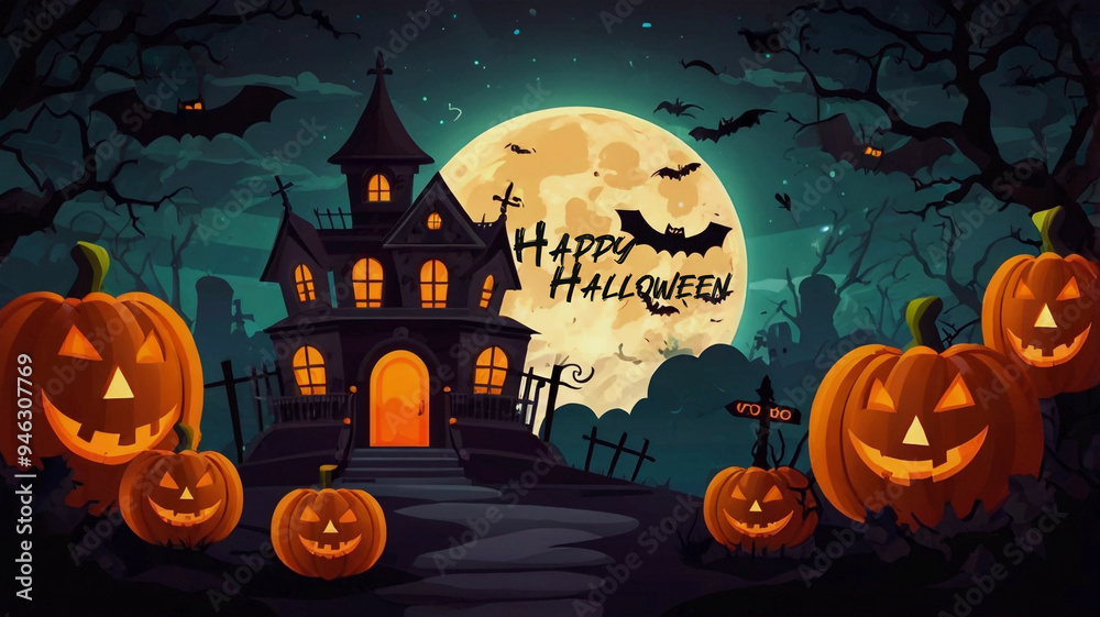 Fototapeta premium Halloween background Banner with pumpkin and bats