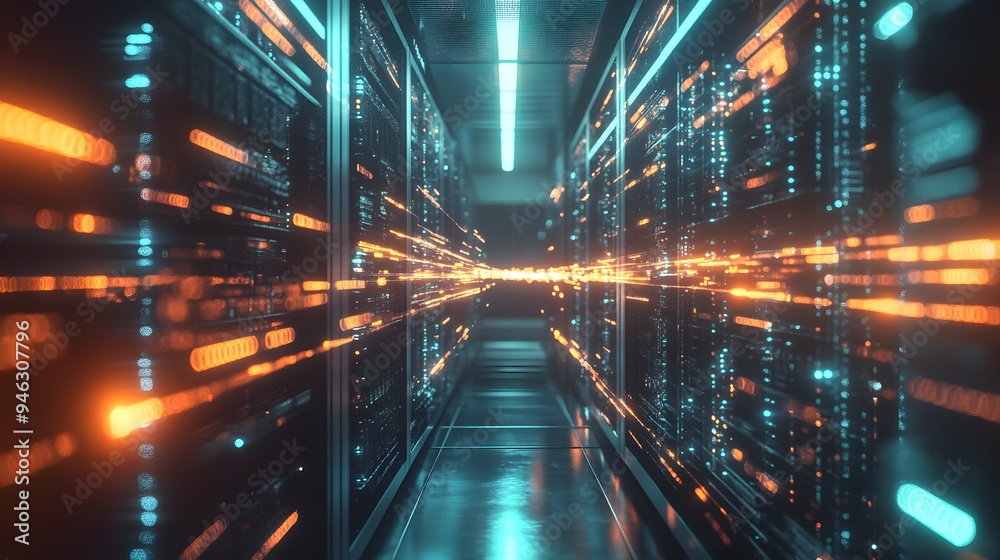 A server room with blockchain data streams visualized as glowing lines A server room with blockchain data streams visualized as glowing lines