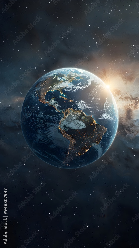 Fototapeta premium Glowing Crystal Earth Radiating Light and Energy into the Boundless Cosmic Expanse
