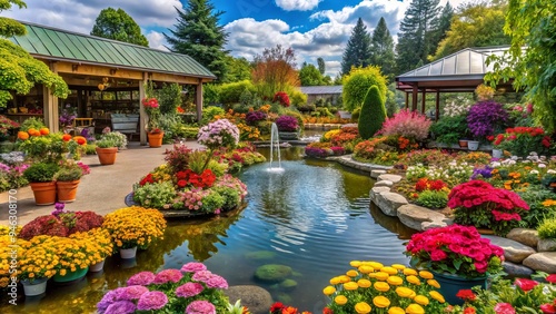 Colorful flowers, shrubs, and trees surround a serene water feature, inviting customers to explore the lush offerings of this bustling garden center and nursery.