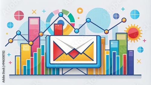 Colorful illustration of email marketing statistics, metrics, and trends, featuring icons, charts, and graphs to visualize campaign performance and optimization strategies. photo