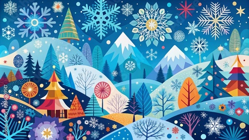 Colorful illustration of winter season featuring snowflakes, icy skies, and frozen landscapes, with playful graphic elements and abstract shapes in a festive and whimsical style. photo