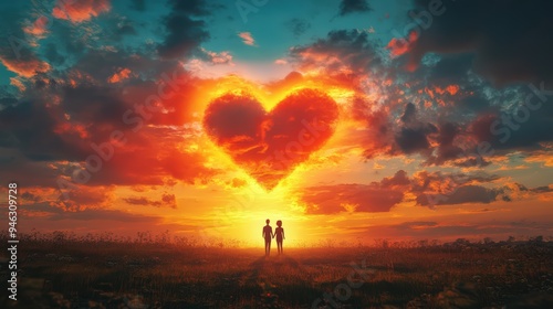 Romantic couple in love on a meadow with a sunset background