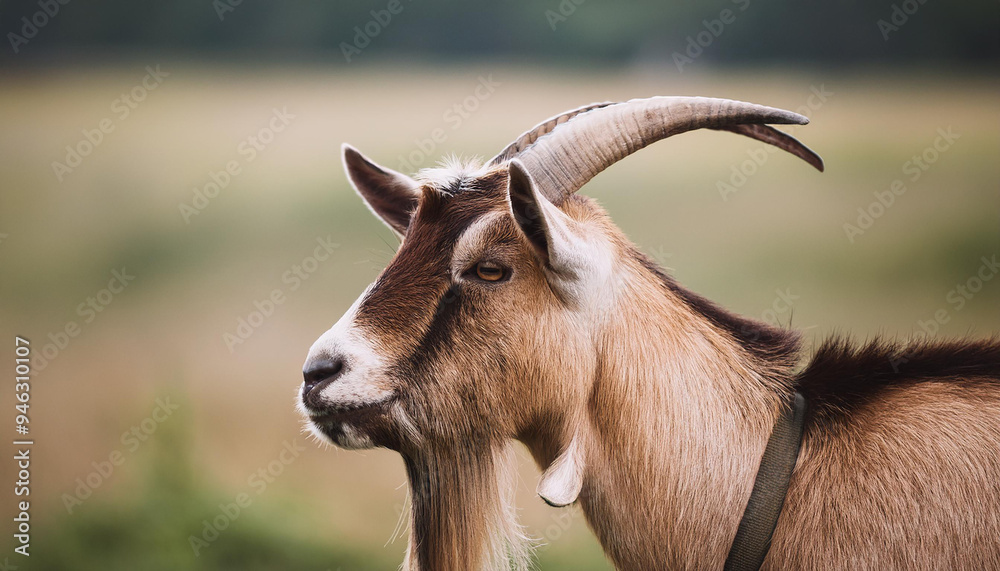 Goat with long horns standing in field, animal portrait. Farm livestock. Goat with long horns standing in field, animal portrait. Farm livestock.