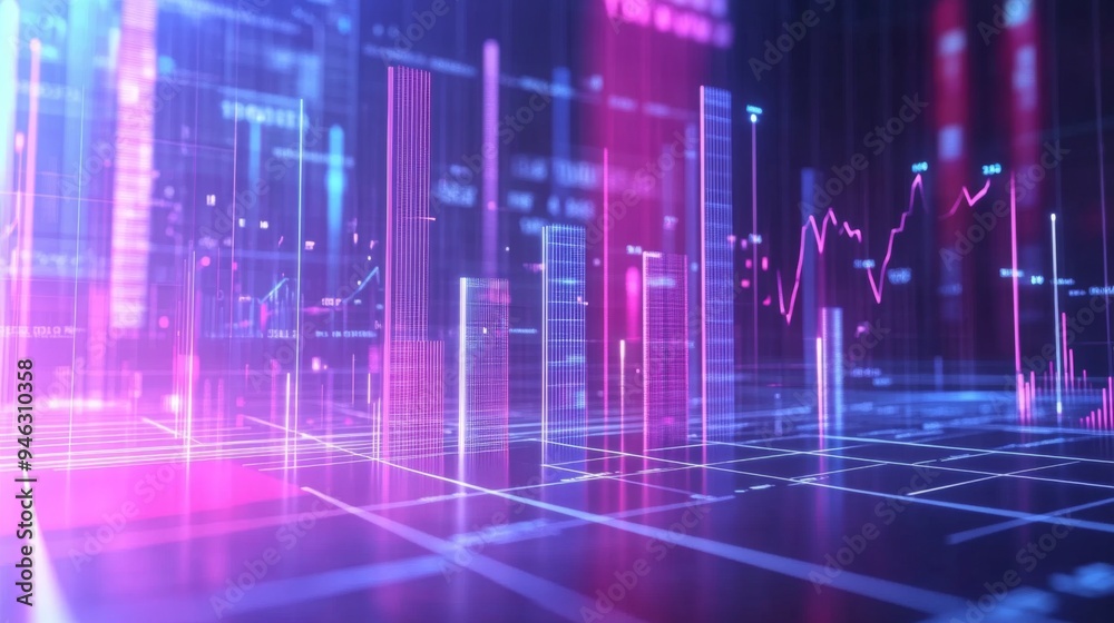 A futuristic 3D bar graph with rotating bars and interactive elements, set against a clean, high-tech background, perfect for presentations.
