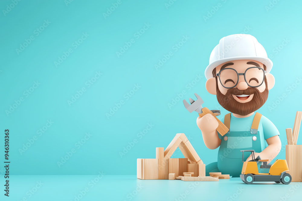 A cheerful cartoon builder holds a wrench, surrounded by wooden blocks and a toy truck, set against a bright turquoise backdrop. A cheerful cartoon builder holds a wrench, surrounded by wooden blocks and a toy truck, set against a bright turquoise backdrop.