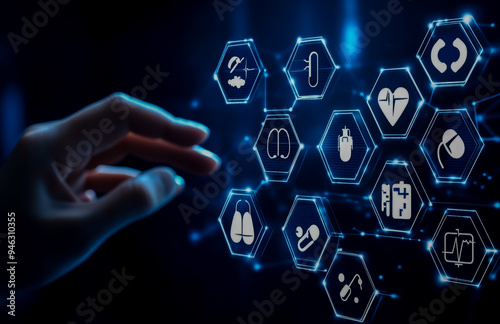 Hand interacting with medical icons on a digital screen, health tech concept with hexagonal background.