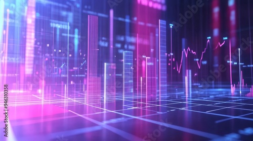 A futuristic 3D bar graph with rotating bars and interactive elements, set against a clean, high-tech background, perfect for presentations.