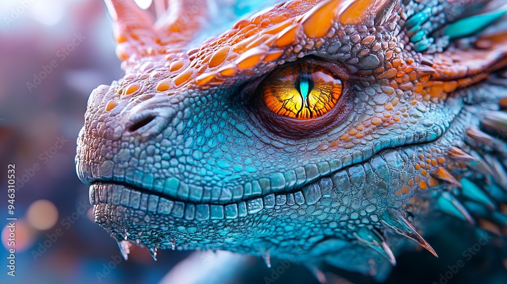 Obraz premium A close up of a blue and orange dragon's eye