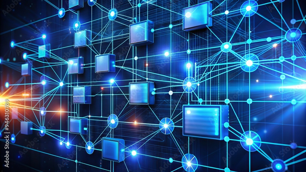 Conceptual representation of database design, featuring a complex network of interconnected nodes, lines, and diagrams on a dark blue background with neon light effects. Conceptual representation of database design, featuring a complex network of interconnected nodes, lines, and diagrams on a dark blue background with neon light effects.