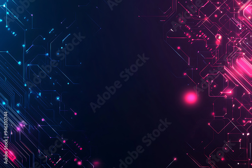  Abstract representation of a circuit board with glowing neon lines and geometric patterns against a dark background. The image evokes a high-tech, futuristic feel with ample copy space