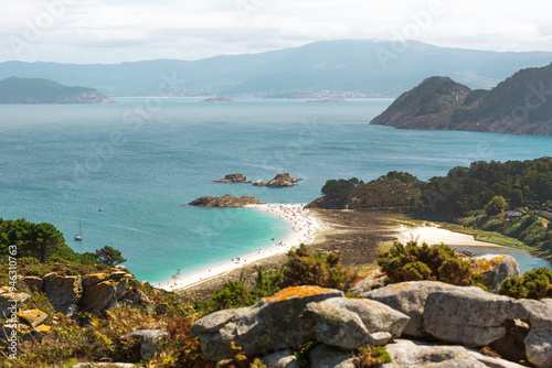 Vista parcial de la playa de Rodas en las Islas Cíes, Pontevedra, Galicia, España