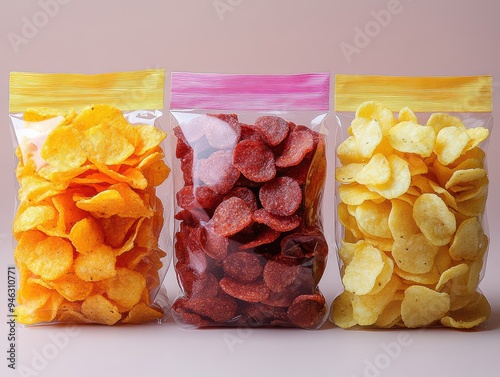 Colorful snack bags filled with crispy potato chips in vibrant flavors, perfect for any party or casual gathering. photo