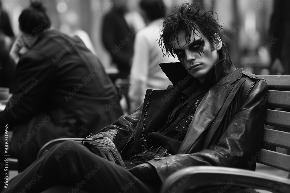 A vampire with striking features enjoys a quiet moment on a park bench under the soft glow of twilight in the bustling city A vampire with striking features enjoys a quiet moment on a park bench under the soft glow of twilight in the bustling city