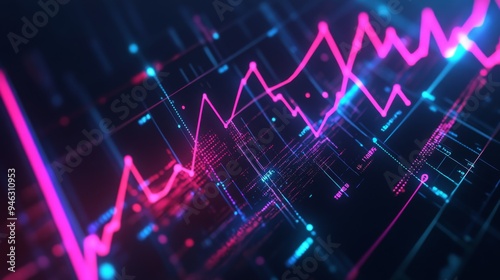 A futuristic 3D line graph with intersecting lines and data points, illuminated with neon colors, displaying complex business metrics and trends.