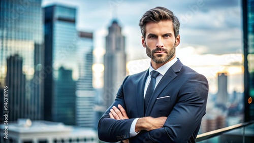 Confident entrepreneur stands with arms crossed, wearing a classic suit and tie, exuding authority and sophistication against a blurred cityscape background.