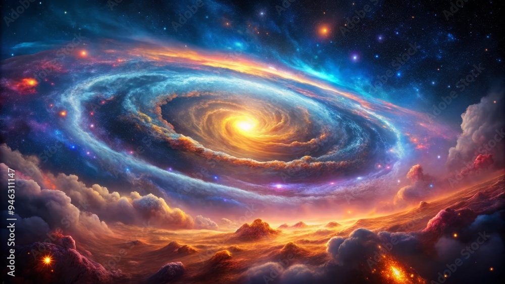 Cosmic clouds of gas and dust swirl around a vibrant spiral galaxy, amidst a backdrop of sleek, glowing neon shapes and vibrant starry elements. Cosmic clouds of gas and dust swirl around a vibrant spiral galaxy, amidst a backdrop of sleek, glowing neon shapes and vibrant starry elements.