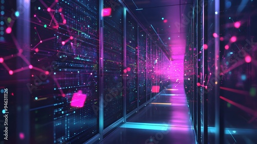 A server room with blockchain data nodes and AI data processing indicators